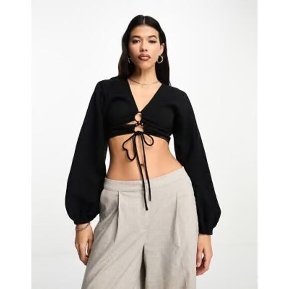 ASOS Black Crinkle Lace Up Lattice Crop Top Size 4 - Picture 1 of 5